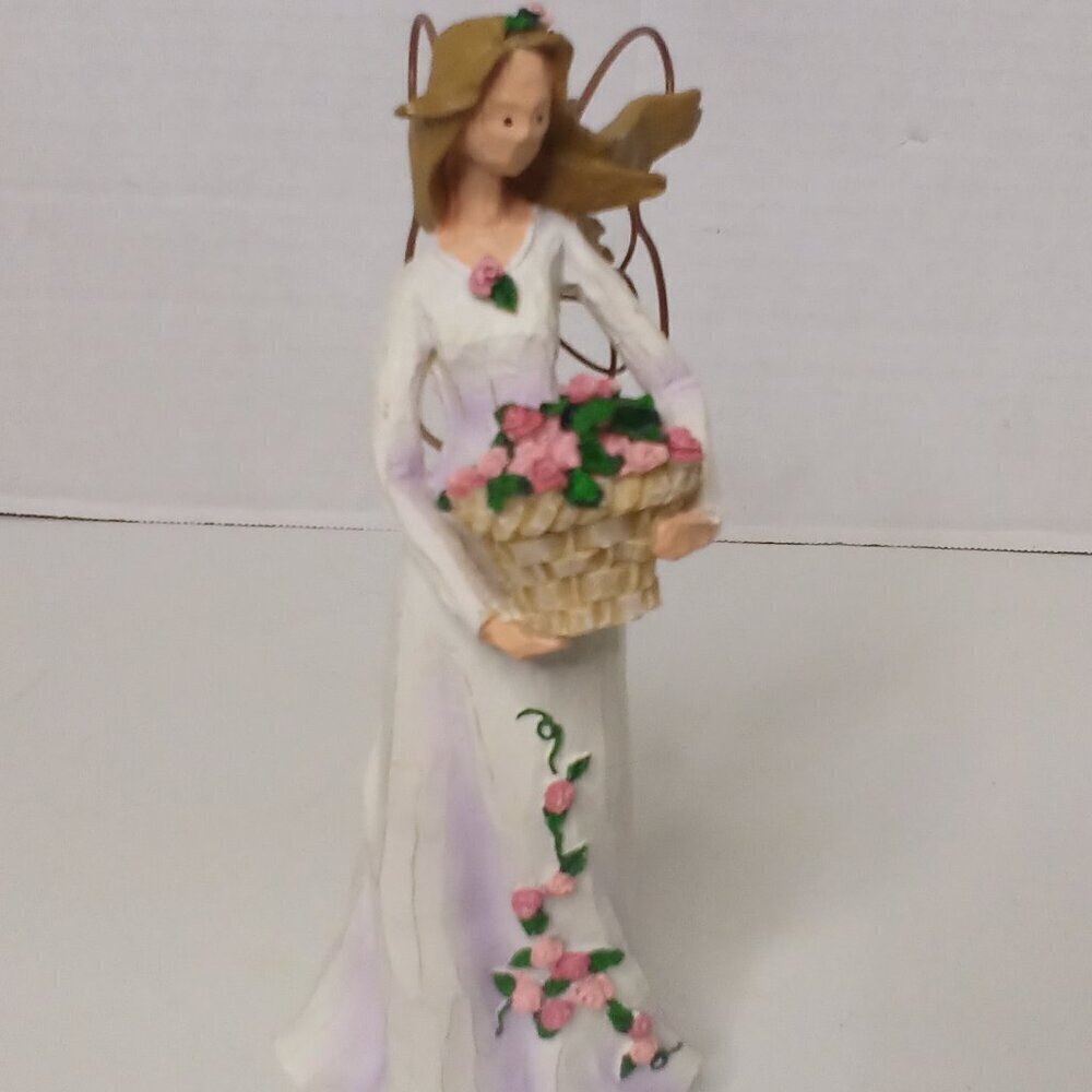 Angel Holding Basket Of Roses Ceramic Figure Metal Wings 7" Inches Tall